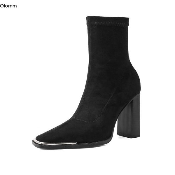 

olomm women stretch cloth ankle boots square high heels boots square toe black grey apricot shoes women us size 4-10.5