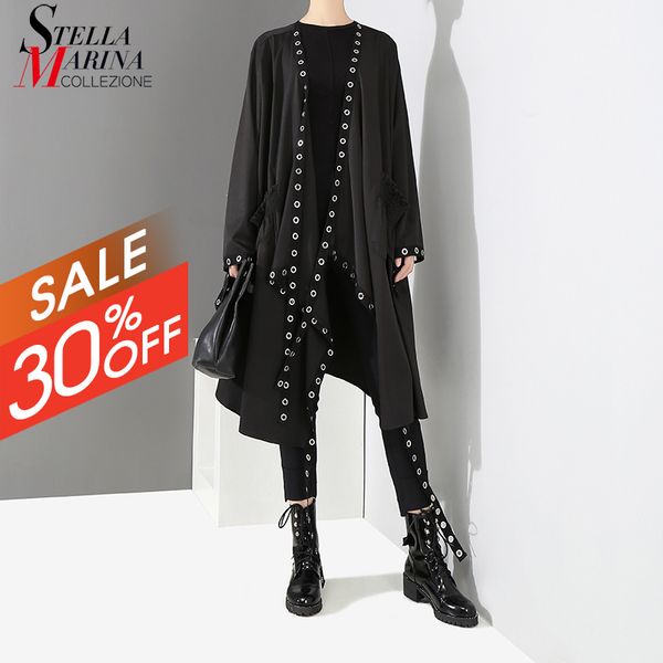 

new korean style women solid black unique jacket open design big size long tape metal holes female loose jacket cloak 3843 201026, Black;brown