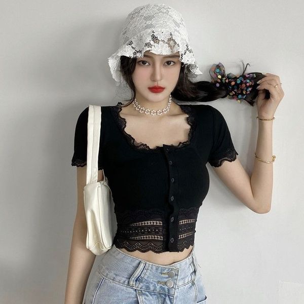 

2020 summer lacenew french lace lace short sleeve t-shirt slim stretch short cardigan for women ykr7j, White;black