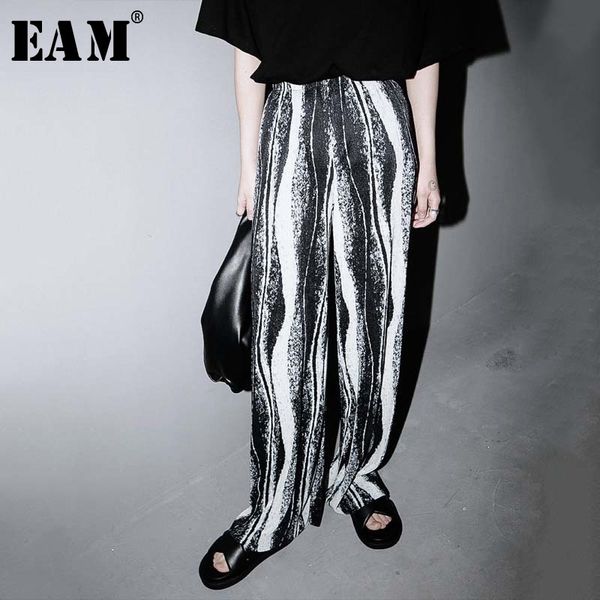 

eam] high elastic waist printed long pleated wide leg trousers new loose fit pants women fashion tide spring summer 2020 1w223 1017, Black;white