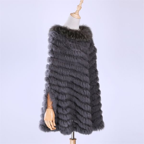 New Women's Luxury Pullover Malha Genuine Coelho Pele Raccoon Poncho Poncho Cape Real Fur Knitting Wraps Shale Triângulo Casaco 201215