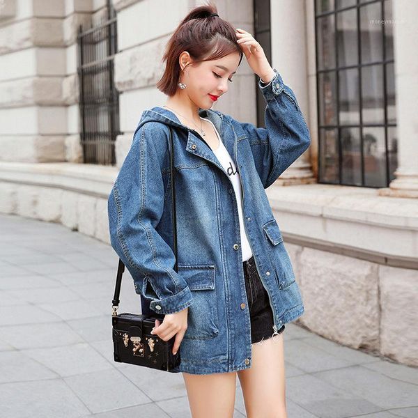 

women's jackets korean style loose casual retro mid-length windbreaker 2021 spring autumn women's fashion wild denim jacket hooded, Black;brown