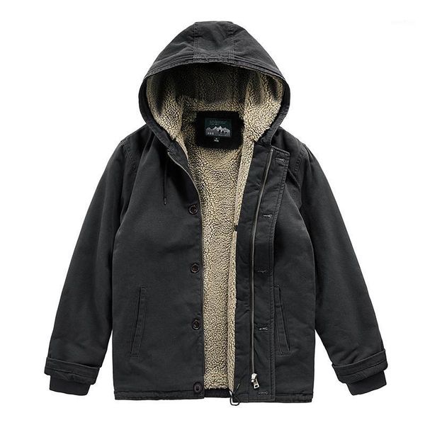 

2020winter men's jacket lining lamb hooded can't detachable 100% cotton black color casual coat outdoor keep warm windbreaker1