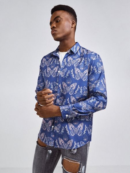 

romwe guys butterfly & eye graphic button front shirt p3ku#, White;black