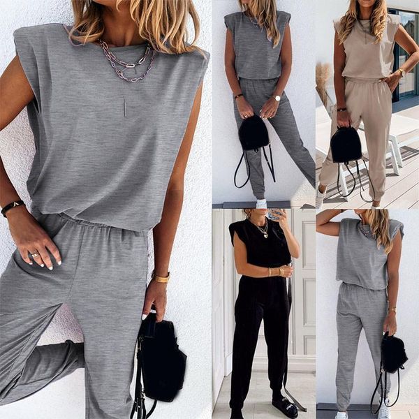 

shoulder pad sleeveless blouse + full pants women sets lady casual solid cotton and bottoms 2020 new summer female set1, White