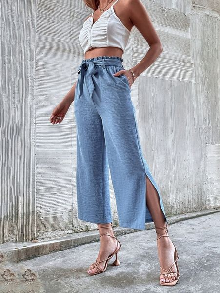 

belted paperbag waist split hem pants q5l0#, Black;white