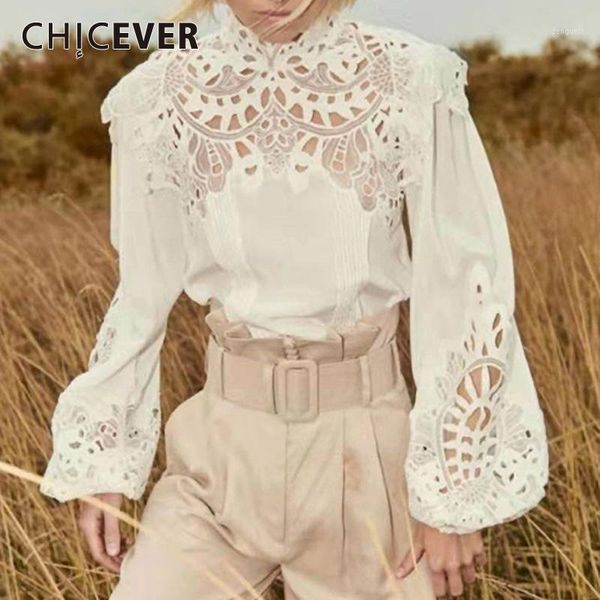 

chicever casual hollow out shirt blouse women stand collar lantern long sleeve loose shirt female clothing fashion 2020 new tide1, White