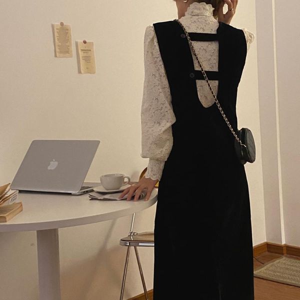 

women's tracksuits vintage two piece outfits women long sleeve lace crochet and high waist velvet strap dress suit female casual 2 set, Gray