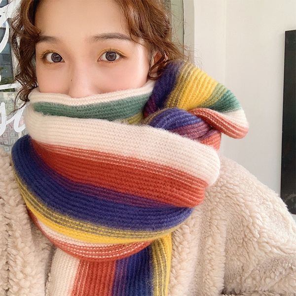 

rainbow stripe knitted scarf for women's autumn and winter versatile shawl, Blue;gray