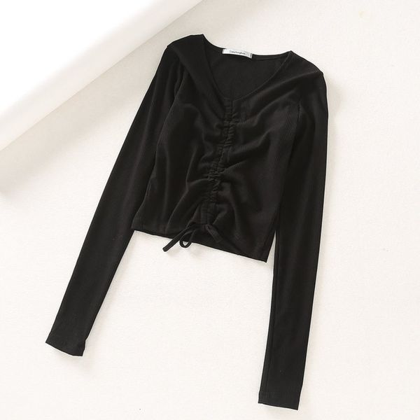 

autumn v-neck solid color bottoming wind shirt chest drawstring thread tight jacket female 703, Black;gray