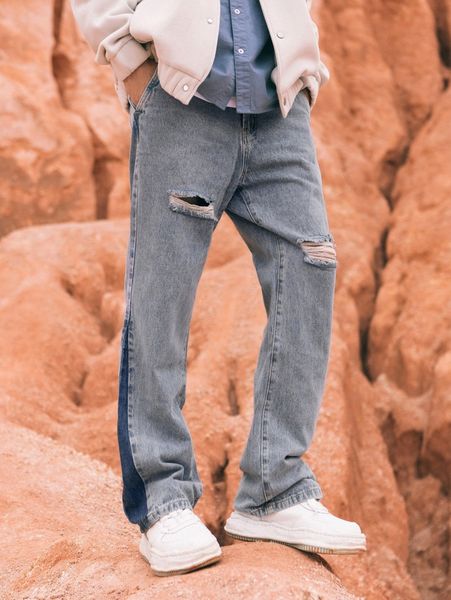 

men ripped colorblock jeans o3cw#, Blue