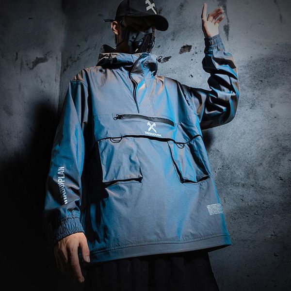 

reflective cargo jacket coats streetwear tactical function pullover multi-pocket hoody windbreaker coats, Black;brown