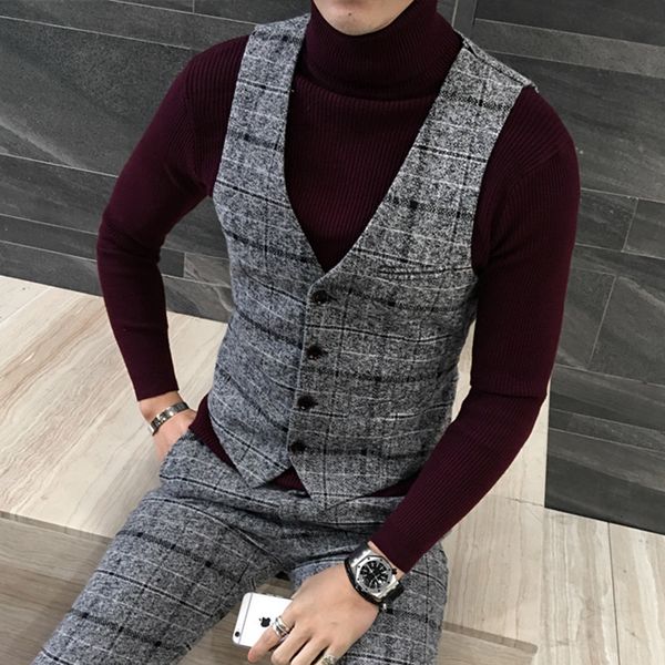 

autumn and winter frosted british tweed men's fashion plaid large size suit vest man, Black;white