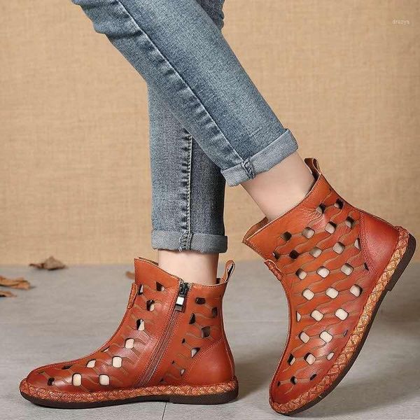 

summer women ankle boots handmade genuine leather hollow out sandals wedge women's shoes soft zippers bottom women boots1, Black