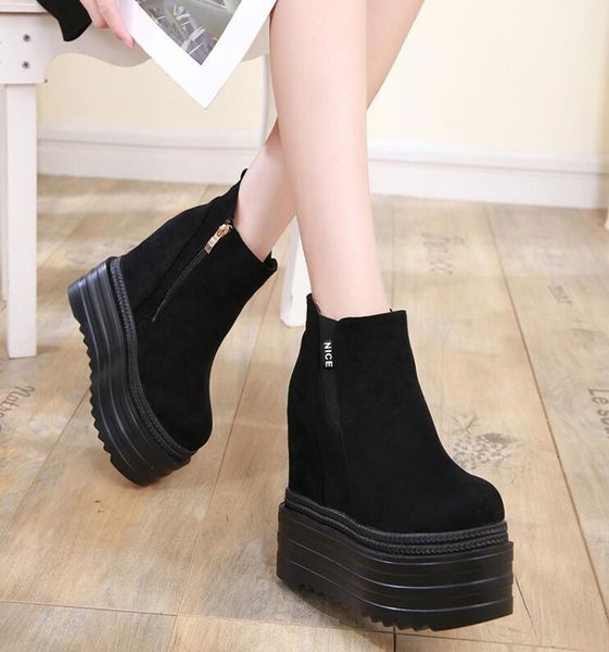

autumn and winter new slope with a short increase in thick-soled cakes slim women's boots1, Black