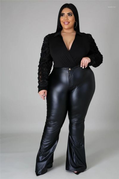 

fashion high elastic 5xl womens plus size pu pants casual females flare pants solid color womens plus size pants