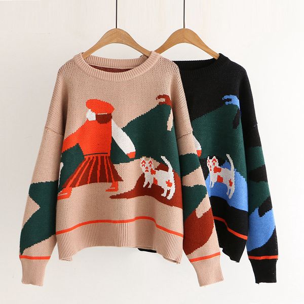 

2021 new new cartoon knitted autumn winter long sleeve cat pullovers sweaters style women clothes kfwu, White;black