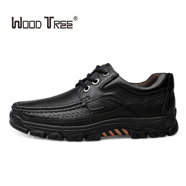 

woodtree men shoes business men's casual genuine leather shoes comfortable tie office dad high elastic non-slip, Black