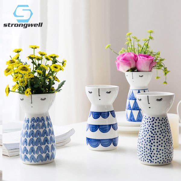 Strongwell Moderne Mädchen Vase Keramik Miniatur Modell Wohnkultur Blumentöpfe Pflanzen Porzellan Blumenvase Malerei Vasen T200703