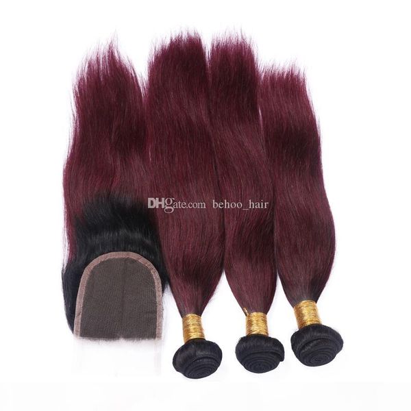 

бразильский девы волос цвет 1b 99j человеческих волос 3 пачки с кружевом закрытие шелковистой прямой пучки волос с 4 * 4 lace closure, Black;brown