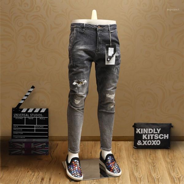 

ripped mens skinny patch jeans streetwear gray ankle-length pants for cowboys men psmj821, Blue