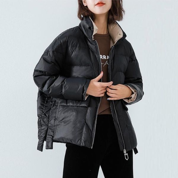 

2020 new women winter coat white duck down jacket stand collar loose short down parka female warm casual outwear1, Black