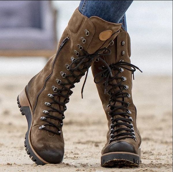 

fashion brand winter mid calf boots women round toe square high heel snow boots lace up string warm shoes 2020 new, Black