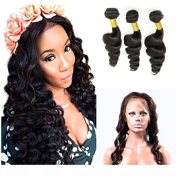 

pre plucked 360 lace frontal closure with 3 bundles 8a brazilian loose deep wave virgin human hair weave with full lace band frontal, Black;brown