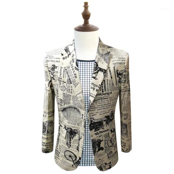 

newspaper print slim fit prom party club men suit jacket dj host stage wedding designer cotton blazer homme 5xl1, White;black