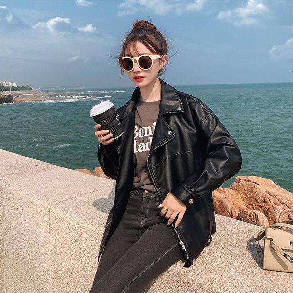

women's leather & faux boyfriend pu jackets black beige motorcycle streetwear women coats zipper rivet soft windproof loose autumn