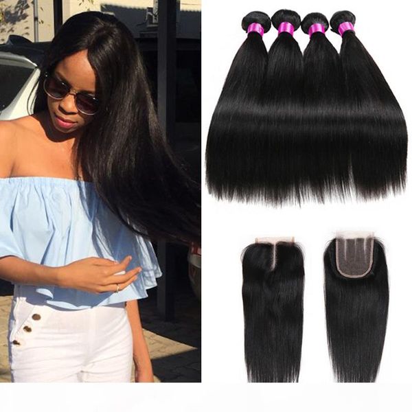 

malaysian peruvian indian brazilian virgin straight hair weaves with closure bundles with closure human hair weave with 4*4 lace closure, Black