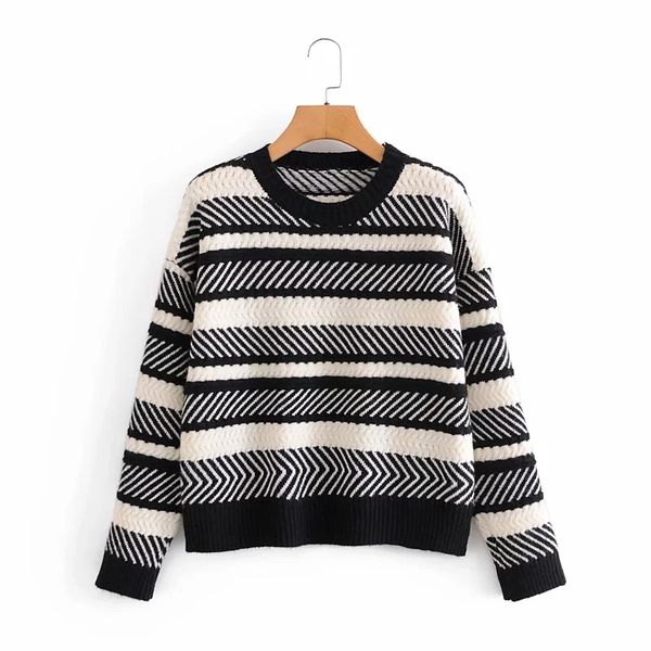 

женщины с длинным рукавом полосатой жаккардовый вязание свитера вскользь femme o-образным вырезом пуловер леди сыпучие топы sw926, White;black