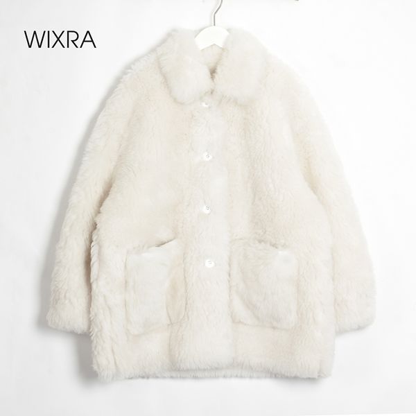 

wixra women sheepskin wool coat ladies winter single breasted genuine fur outwear jacket oversize warm luxury overcoat 201120, Black