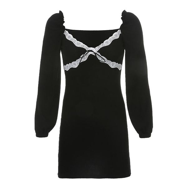 

casual dresses spring fall long sleeves women black lace front stitching short mini vestido female square collar party clubwear, Black;gray