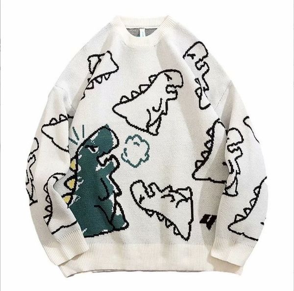 

men women sweater harajuku fashion knitted hip hop streetwear dinosaur cartoon pullover o-neck oversize casual couple male sweaters, White;black