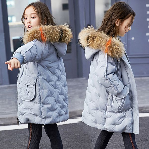 

down jacket long and medium length big girl's coat children's winter clothing thickening tide, Blue;gray