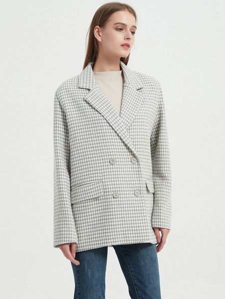 

houndstooth lapel neck double breasted overcoat q0so#, Black