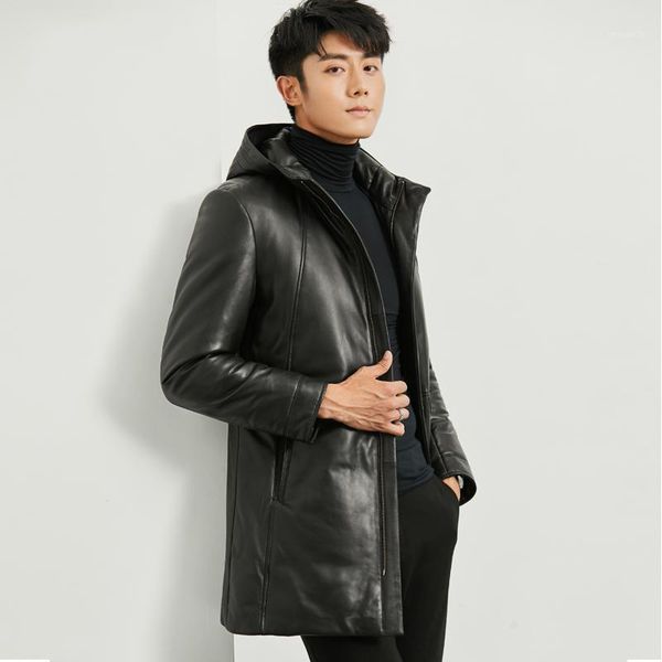 

new winter genuine leather jacket mens real leather coat mens down jacket hat long shearling thick winter coat1, Black