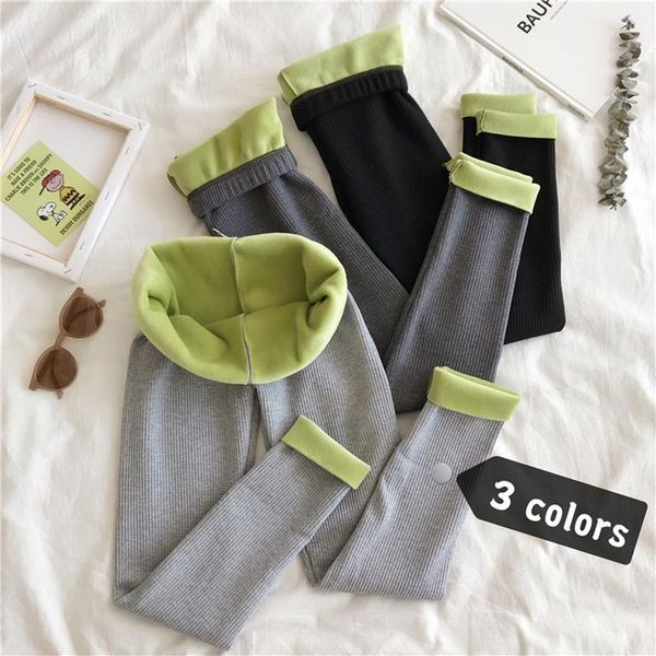 

2020 autumn and winter new ins korean version of high waist plus velvet leggings women's outer wear warm thread vertical striped, Black;white