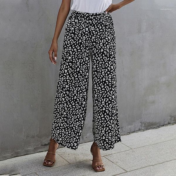 

2021 spring new european american women's loose pants ladies high waist casual print wide leg pants women temperament clothes1, Black;white
