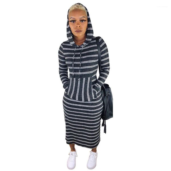 

hooded drawstring dress long sleeve spring autumn dresses ladies slim clothes women striped, Black;gray