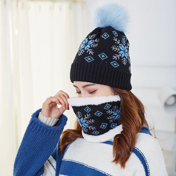 

women winter knitted hat wool hooded hat crocheted wool ball knitted scarf and in one women's thick warm, Blue;gray