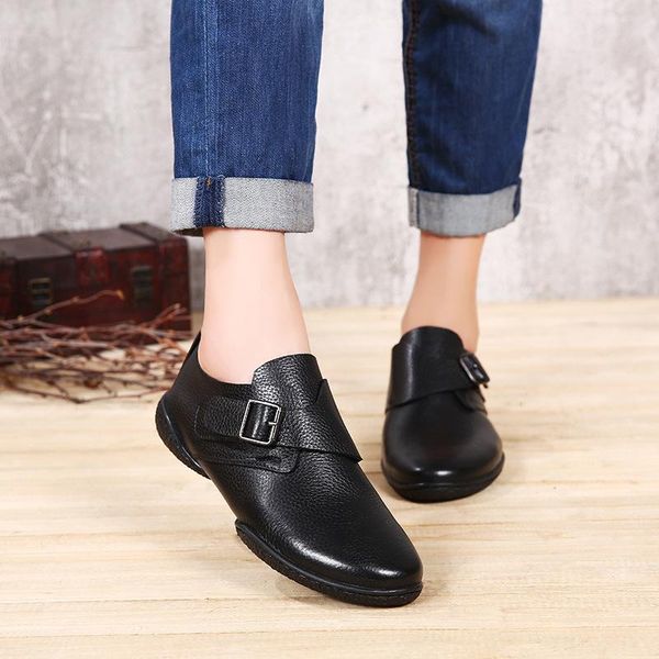 

2020 vallu women shoes flats genuine leather moccasins buckle causal mother loafers female footwear size 35-41, Black