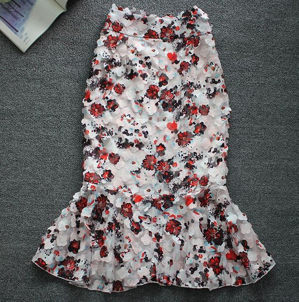 

2021 new summer vintage fine floral embroidery long mermaid skirts women elegant high waist party chiffon skirt p66u, Black