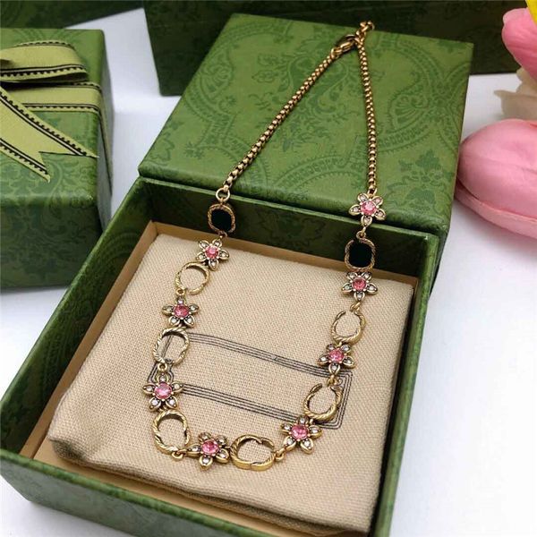 

trendy flower pendant necklaces women double letter diamond chain necklace steel seal floral pendants jewelry, Silver