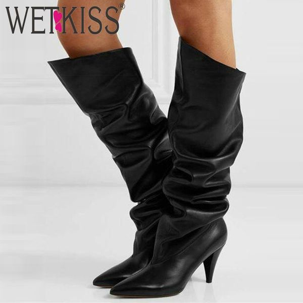 

boots wetkiss cow leather slouch women mid-calf boot spike heels high shoes female pointed toe ladies spring 2021, Black