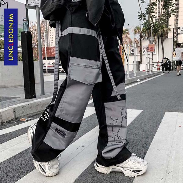 

uncledonjm colour block cargo pants men streetwear hip hop loose fit trousers casual pants harajuku man fashion v2-1997, Black