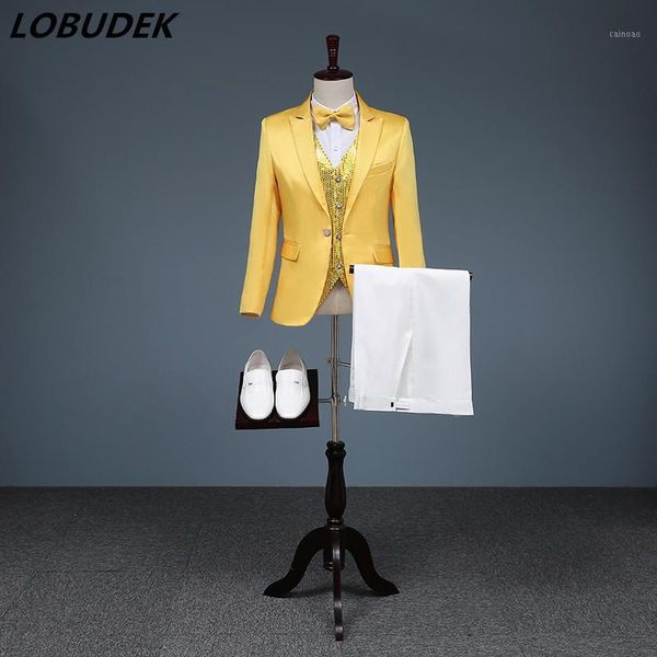 

male singer chorus suits yellow sequins slim blazers stage costumes bar prom host master of ceremonies show performance suit1, White;black
