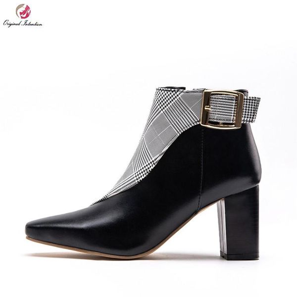 

boots original intention elegant woman square mid heels zipper ankle black white toe concise shoes plus size 4-15