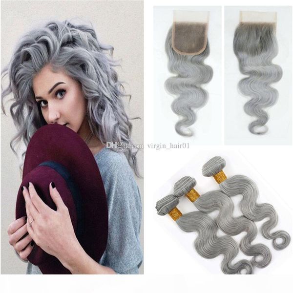 

body wave #grey virgin human hair weft with lace closure 3 bundles with closure 4x4 brazilian silver grey hair extension with closure, Black;brown